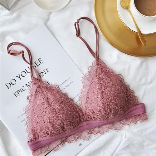 Sexy Eyelash Lace Bralette Tops For Women Triangle Cup Bra Soft Lingerie Wireless Small Chest Brassiere Push Up Bralet Underwear