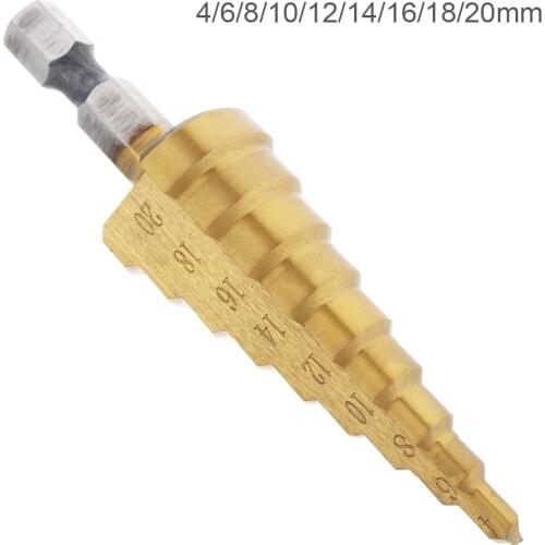 1pcs 4-20mm 4241 HSS 9 Step Drill Bits Pagoda Cone Drill with 1/4" Hex Shank Titanium-plated Surface Treatment for Wood Drilling