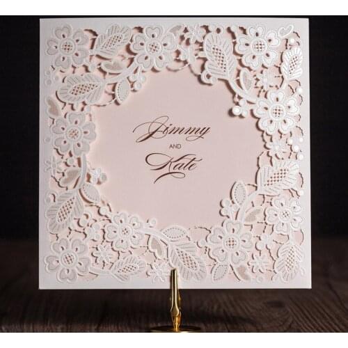100pcs Vintage Laser Cut Wedding Invitations Cards With White Square Hollow Flora For party wedding Invitation