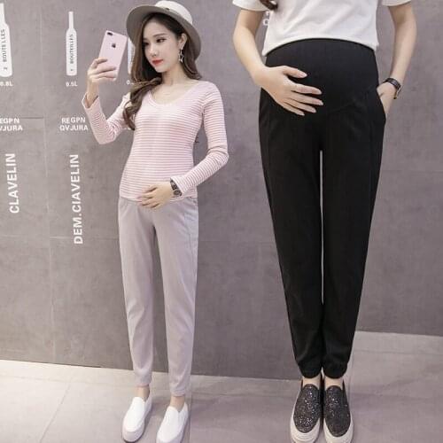 216# Maternity Pants Summer Casual Pants High Waist Solid Color Loose Comfy Belly Support Pants Elastic Waist Maternity Trousers
