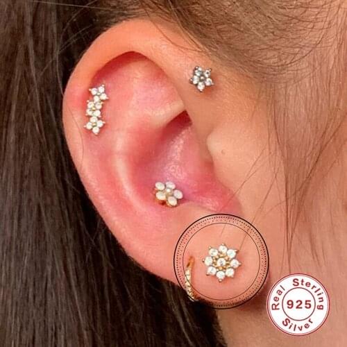 GS 925 Sterling Silver Stud Earrings Pendientes For Women Snowflake Diamond Zircon Pierced Cartilage Earrings Jewelry 1PC