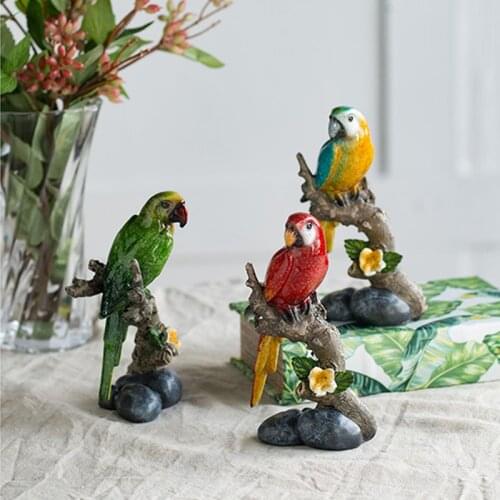 Home Decor Accessories Parrot Stand On Branch Full Of Flowers Figurine Living Room Ornament Objects Office Resin Sculpture Gifts
