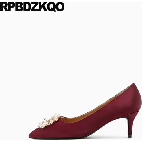 Satin Designer Low Heels Bridal Shoes Pumps Wedding Diamond Pointed Toe Thin Size 4 34 3 Inch Pearl High Wine Red Rhinestone