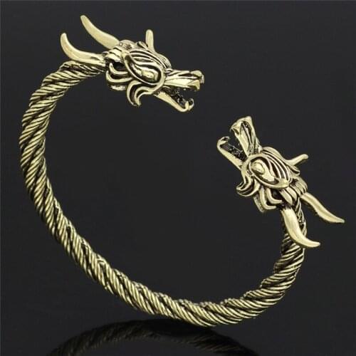 Dropshipping Vintage Dragon Head Open Cuff Bracelet Nordic Viking Bangle Antique Twisted Pattern Carved Wristband Jewelry Gifts