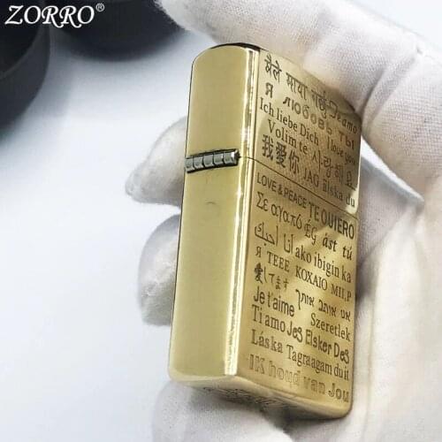 Pure Copper Kerosene Lighter Original ZORRO Fine Carving Different Love Language Pattern Gasoline Lighter Outside Tool Men Gift