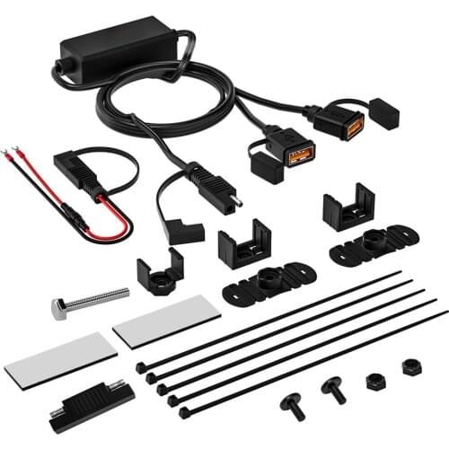 Motorcycle USB Safety Charger Kit SAE to USB Adapter Automatic Output with 10A Embedded Fuse Black Shell
