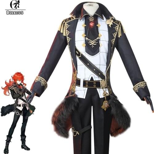 ROLECOS Game Genshin Impact Cosplay Costume Diluc Cosplay Costume Men Black Costume Uniform Halloween Shirt Pants Glove Full Set