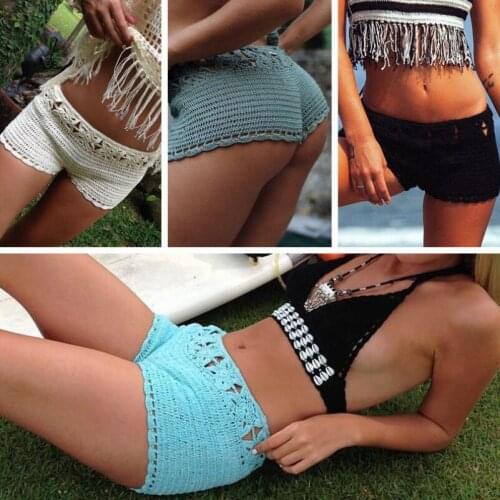 Summer Women hots pants Stretch Waist Beach Hollow Swimsuit shorts crocheted Solid bathing suits Lace Up