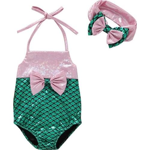 Summer Baby Girls Swimsuit Sets 2PCS Sling Bodysuits+Headwear Bow Fish Scales Cotton Swimming Beach Bathing Bikini Baby Overall