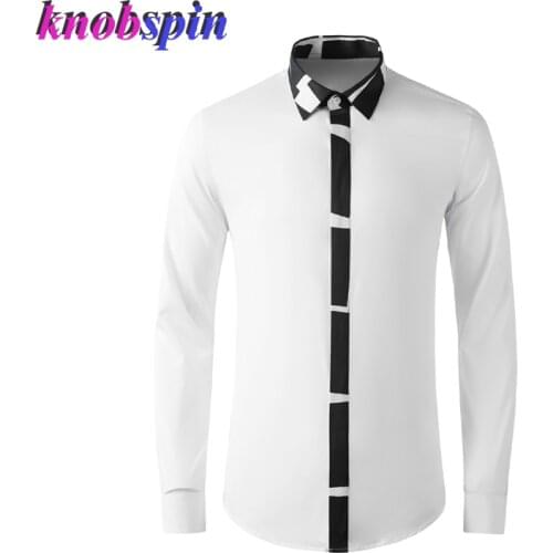 New Contrast Color Splicing Male Shirts Luxury Long Sleeve Business Casual Mens Dress Shirts Fashion Slim Fit Party Man Shirt