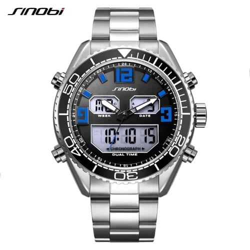 SINOBI Mens Analog Quartz Watch Sport Dual Display Chronograph for Male Waterproof Stainless Man Watches Clock Relogio Masculino