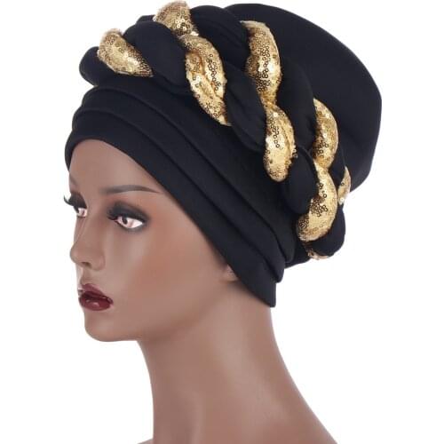 Latest Shinning Sequins Turban Cap for Women Ready Female Head Wraps African Auto Geles Aso Oke Headtie Already Made Headties