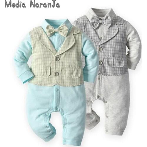 Autumn Childrens Wear Gentlemans Bow Tie Babys Romper Long-Sleeved Plaid Fake Two-Piece Romper Baby Jump Suit