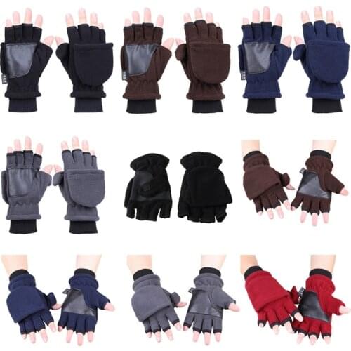 Women Men Winter Polar Fleece Half Finger Flip Gloves Double Layer Thicken Touch Screen Fingerless Convertible Mittens Wrist Wa