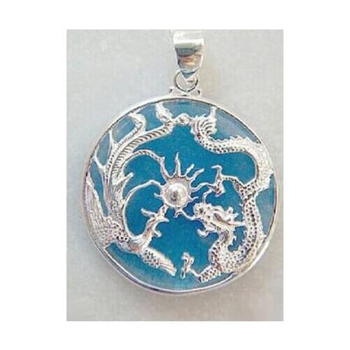 Sky-blue Jade White Gold Plated Dragon Phoenix Sun Luck Pendant & Necklace