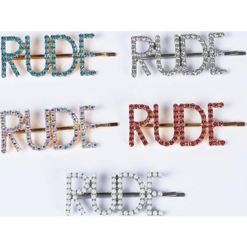 Luxuy Crystal Letter RUDE Hairpins Women Girls Barrettes Headwear Hairclips Faux Pearl Hair Clips Female Indian Bridal Hair Pins