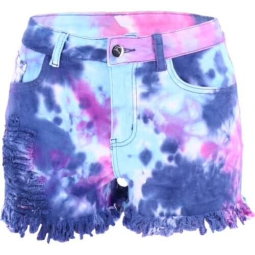 2021 Fashion Womens Summer Shorts Jeans High Waist Blue Tassel Tie Dye Shorts Ripped Tassel Bodycon Denim Short Shorts