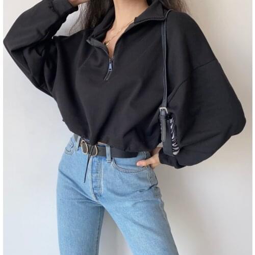 TVVOVVIN Solid Color Stand Collar Long Sleeve Loose Zippers Women Tops Fashion Drawstring Tie Waist Casual Sweatshirt AP8Z