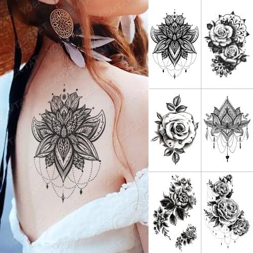 Waterproof Temporary Tattoo Sticker Mandala Henna Flash Tattoos Rose Flower Body Art Arm Water Transfer Fake Tatoo Women Men