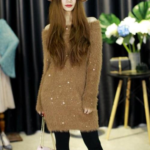 Cakucool Women Long Sleeve Long Sweaters Autumn Winter Faux Mink Hair Thick Jumper Elegant Sequined Bling Knit Pull Sweater Lady