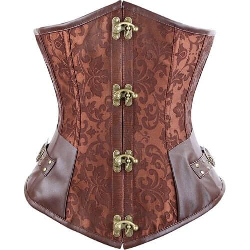 Womens Fashion Sexy Generous Steel Boned Faux Leather Halter Waist Training Underbust Top Steampunk Jacquard Underbust Corset
