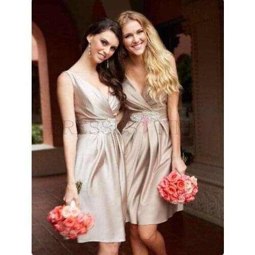 Fashion Sexy Elegant Deep V-Neck Sleeveless Beaded Knee-Length Satin A-Line Short Bridesmaid Dresses 2016