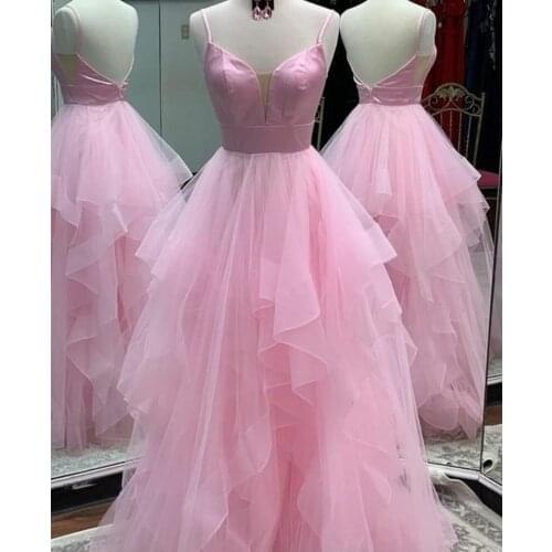 Sexy A-Line Spaghetti Long V-Neck Ruffled Prom Dresses Criss Cross Back Floor Length Pink Robe De Soiree Red Formal Party Gown