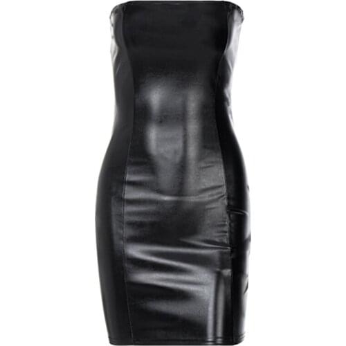 Women Sexy Faux Leather Strapless Tube Top Black Bodycon Mini Dress Clubwear 649D