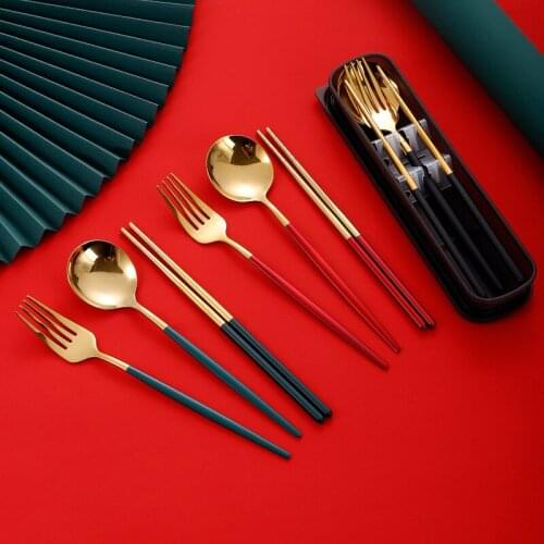 BalleenShiny Stainless Steel Portable Tableware Household Outdoor Travel Food Grade Student Tableware Fork Spoon Chopsticks Set