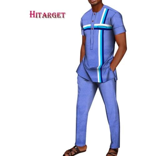 Bazin Riche African Style Men Suits Dashiki Mens Attire Agbada Robe Outfits Slim 2 Piece Sets T-shirt and Pants Summer WYN1642