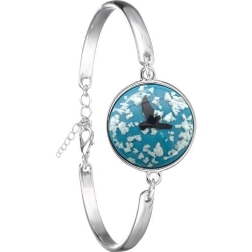 Noctiluce Blue Sky White Cloud Bird Chain Bracelet Transparent Round Ball Shape Resin Bangle For Women Men Kids Fashion Jewelry
