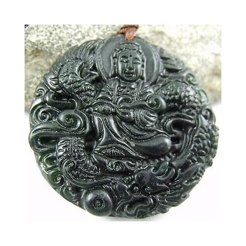 Black Green chalcedony Dragon Kwan-Yin Tibetan Buddhism Amulet Pendant NO. 233