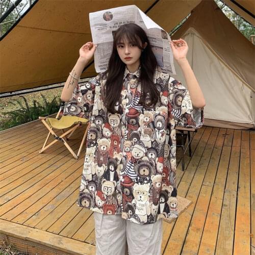 XEJ Elegant Vintage Clothing Bear Print Shirt Kawaii Shirts for Women Summer 2021 Womens Clothing Blouses Femme Top Female