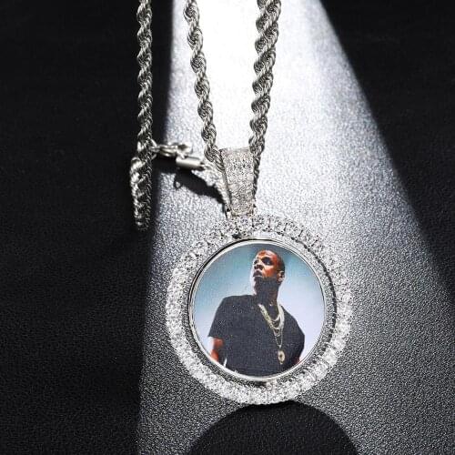 Hip Hop Custom Made Photo Round Rotating Double-sided Iced Out Bling Cubic Zircon Necklace&Pendant For Men Jewelry Tennis Chain