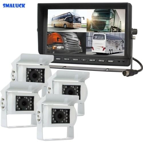 SMALUCK 10" 4Split Quad Display Rear View Car Monitor + IR Night Vision Rear View Camera Waterproof for Car Truck Bus RV