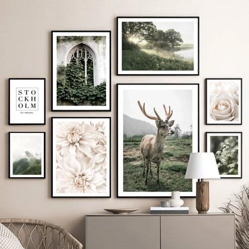 Castle Deer Calm Lake Dahlia Forest Creeper Window Art Canvas Painting Nordic Posters And Prints Wall Pictures Living Room Decor