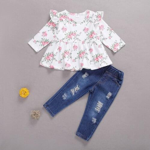 Pudcoco 2 Pieces Kids Suit Set Floral Print Round Neck Long Sleeve Top and Ripped Jeans Cozy Soft Clothes for Girls 1-5 Years