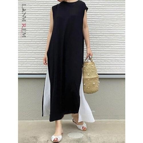 LANMREM 2021 New Arrivals Fashion Korea Style Temperament Summe Patch Work Sleeveless Ankle Length Long Dress For Women 2T1561