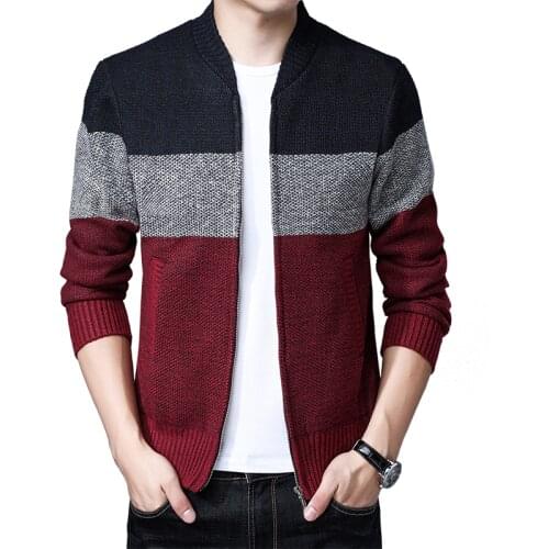 Men slim handsome baseball collar jacket autumn winter thickened warm sweater cardigan jacket casual all-match striped sweater