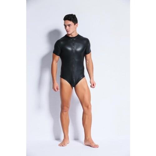 Mens Short Sleeve Skinny Jumpsuit Black Faux Leather Bodysuit High Collar One Piece Leotard Fetish Catsuit Party Clubwear