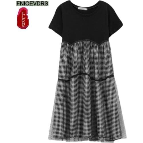 Plus Size Clothes Summer Casual Loose Patchwork Mesh Lace Cute Cotton Blend Plaid T Shirt Dress