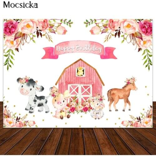 Pink Farm Barn Theme Girl Birthday Party Decoration Backdrop Cute Animal Pig Horse Cow Photography Flowers Dessert Table Banner