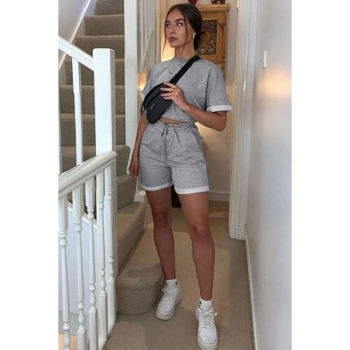 S-XL Women Two-piece Sports Clothes Set Solid Color Short Sleeve Round Collar Tops + Elastic Waist Shorts Tracksuits