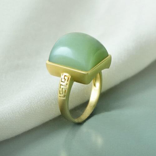 S925 Sterling Silver Oversized Square Ring Natural Hetian Jade Green Jade Ring Hollow Pattern Ring Vintage Ornament for Women