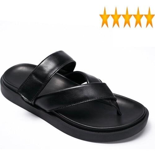 Flop Flip Summer Mens Fashion Slip On Thick Platform Genuine Leather Beach Sandals Casual Male Bathroom Shoes Black