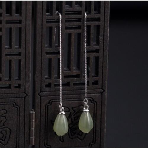 Natural Green Jade Chalcedony Water Drop Earrings 925 Silver Carved Charm Jadeite Jewelry Fashion Amulet for Women Gifts