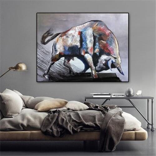 Modern Abstract Oil Painting Print on Canvas Wall Art Posters Decorative Doodle Bull Pictures for Living Room Frameless