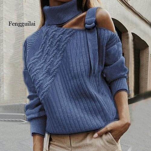 Ladies Autumn Sweaters 2020 Turtleneck Warm Knitted Sweater Women Off Shoulder Long Sleeve Ribbed Tops Winter Pullover