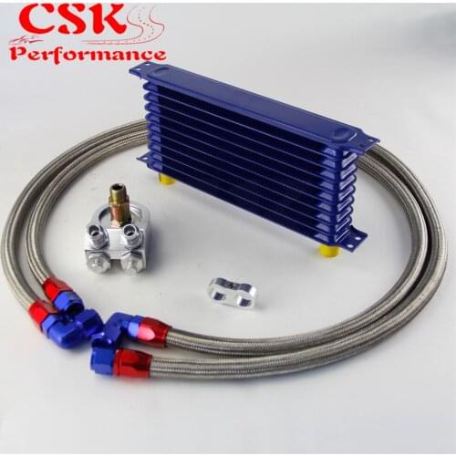 Universal 10 Row 262mm AN10 Engine Transmission Oil Cooler Trust Type + Aluminum Filter Adapter Kit Silver/Blue