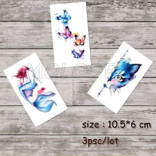 Waterproof Temporary Sticker Mermaid Butterfly Cat Cloor Tattoo Tattos Body Arm Men Women Fake Tatoos 3 Pcs 10.5*6 Cm